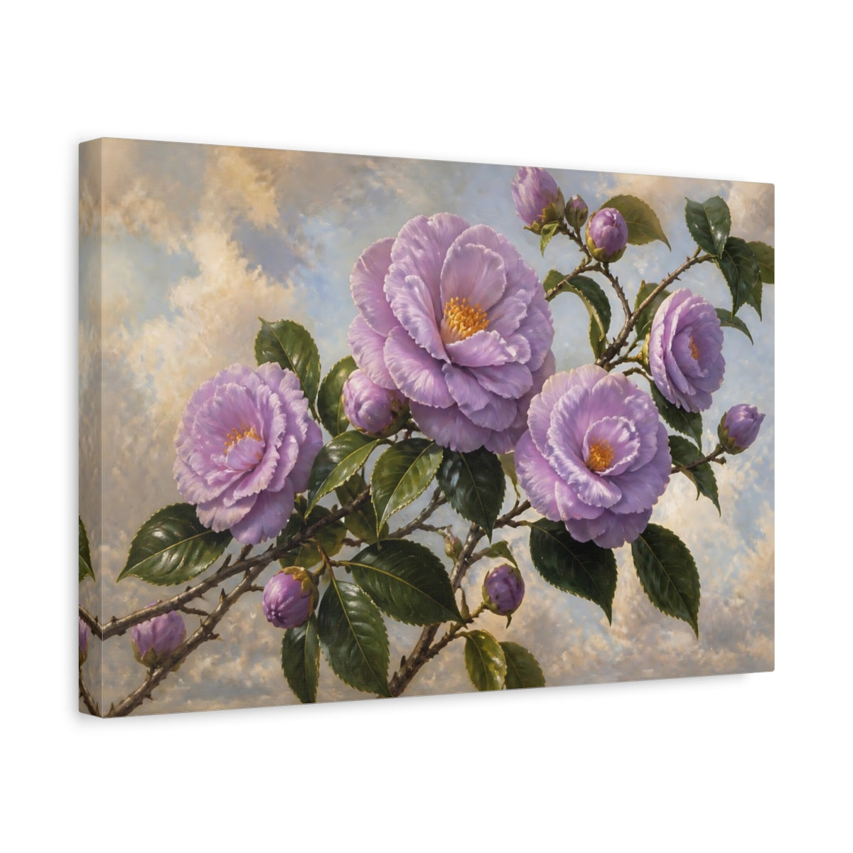 Side Mockup 4. Lavender Camellia Branch shown as canvas print