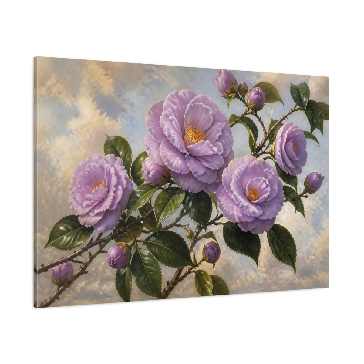 Side Mockup 1. Lavender Camellia Branch shown as canvas print