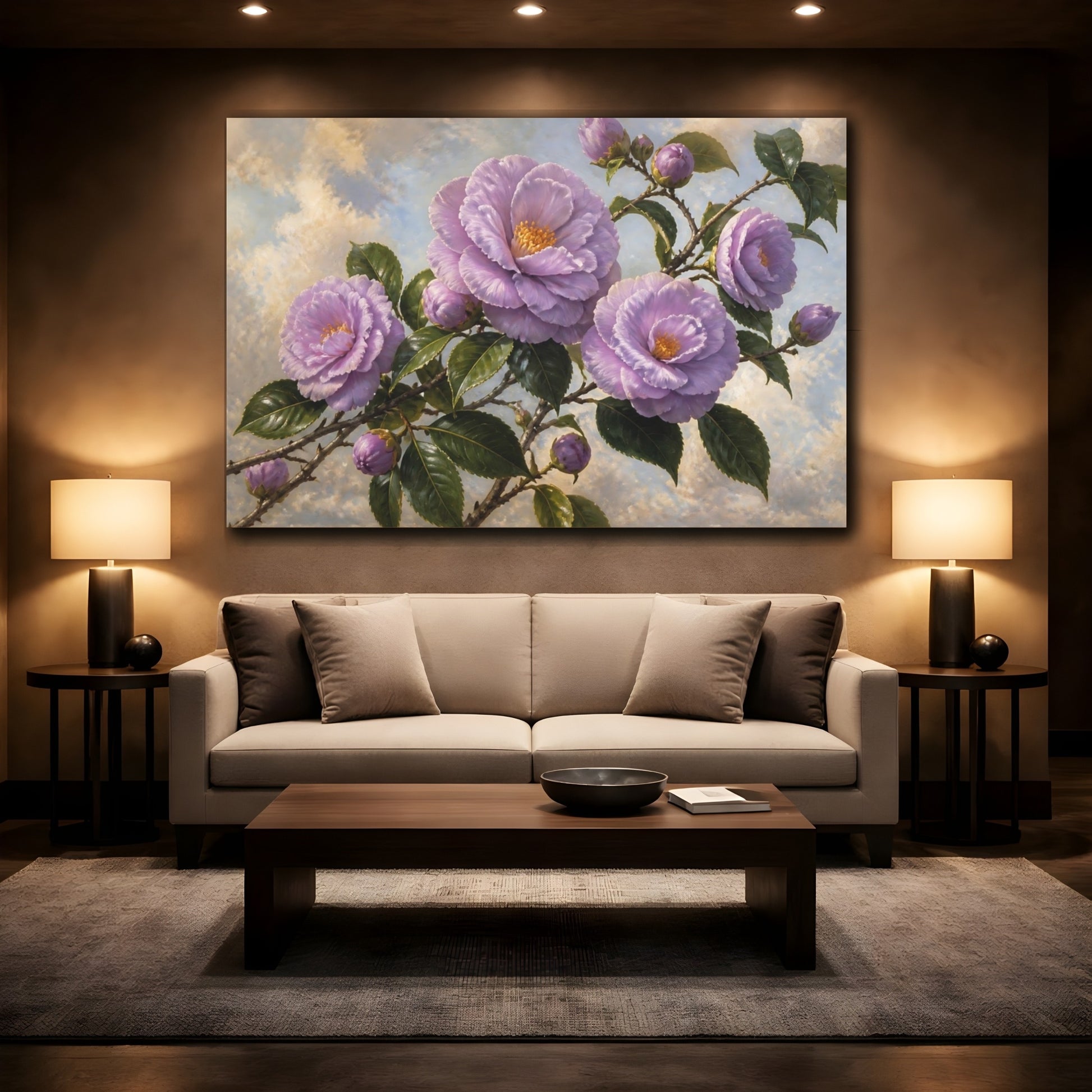 Mockup 2. Lavender Camellia Branch shown as canvas print