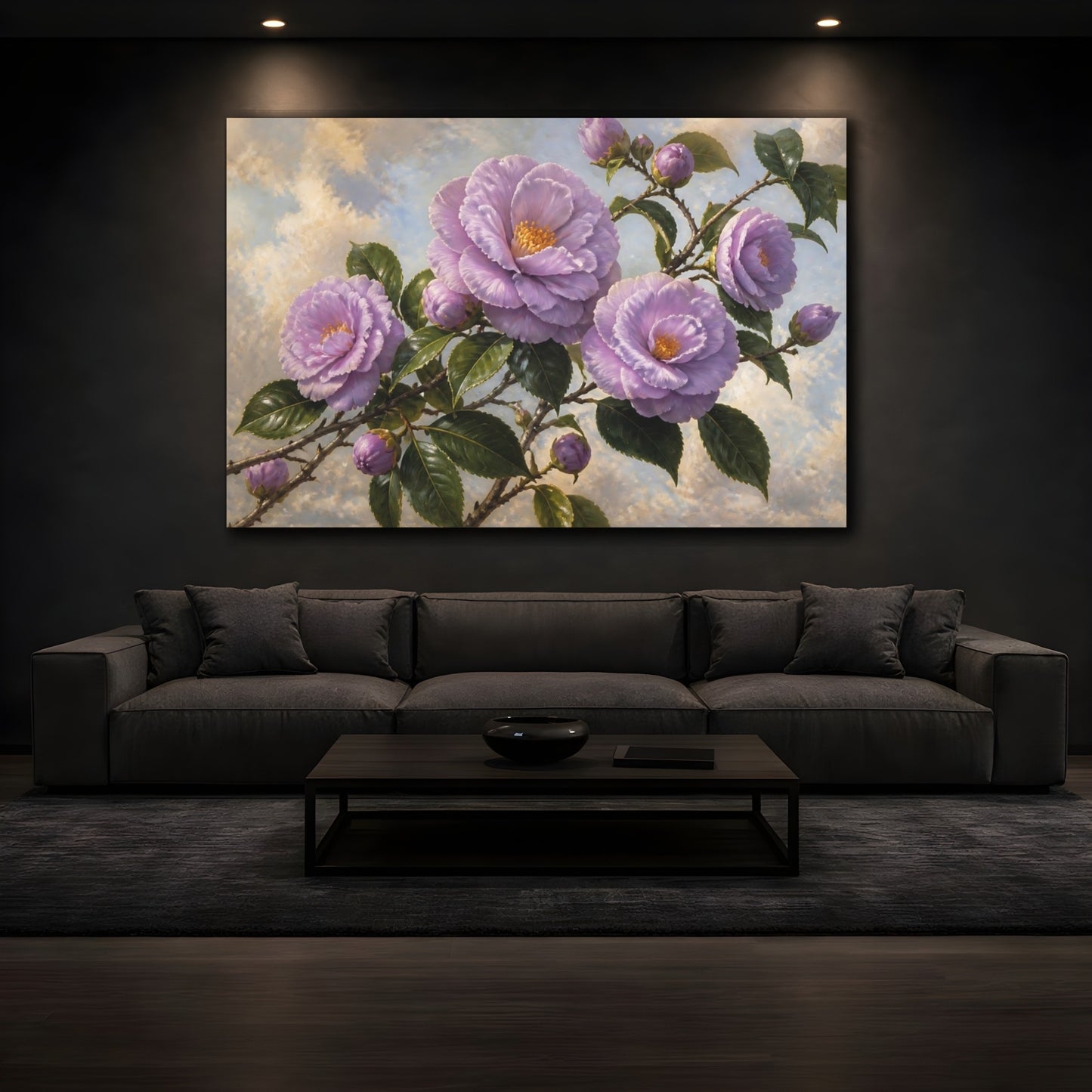 Mockup 3. Lavender Camellia Branch shown as canvas print