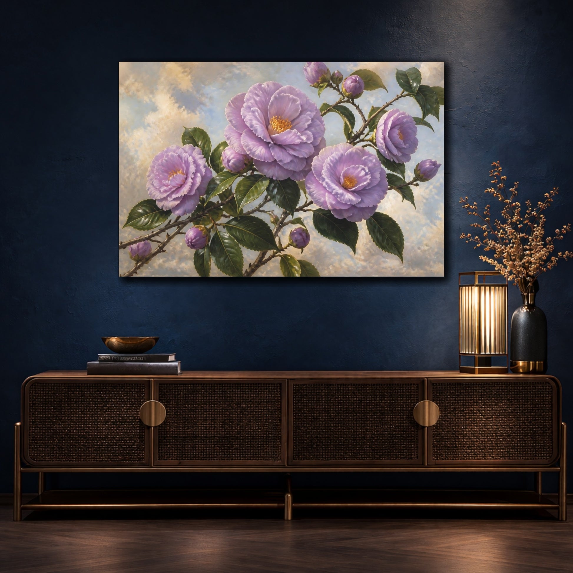 Mockup 4. Lavender Camellia Branch shown as canvas print