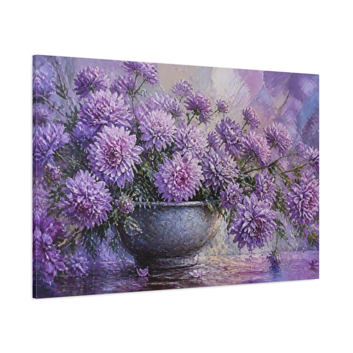 Side Mockup 1. Lavender Chrysanthemum Flowers shown as canvas print