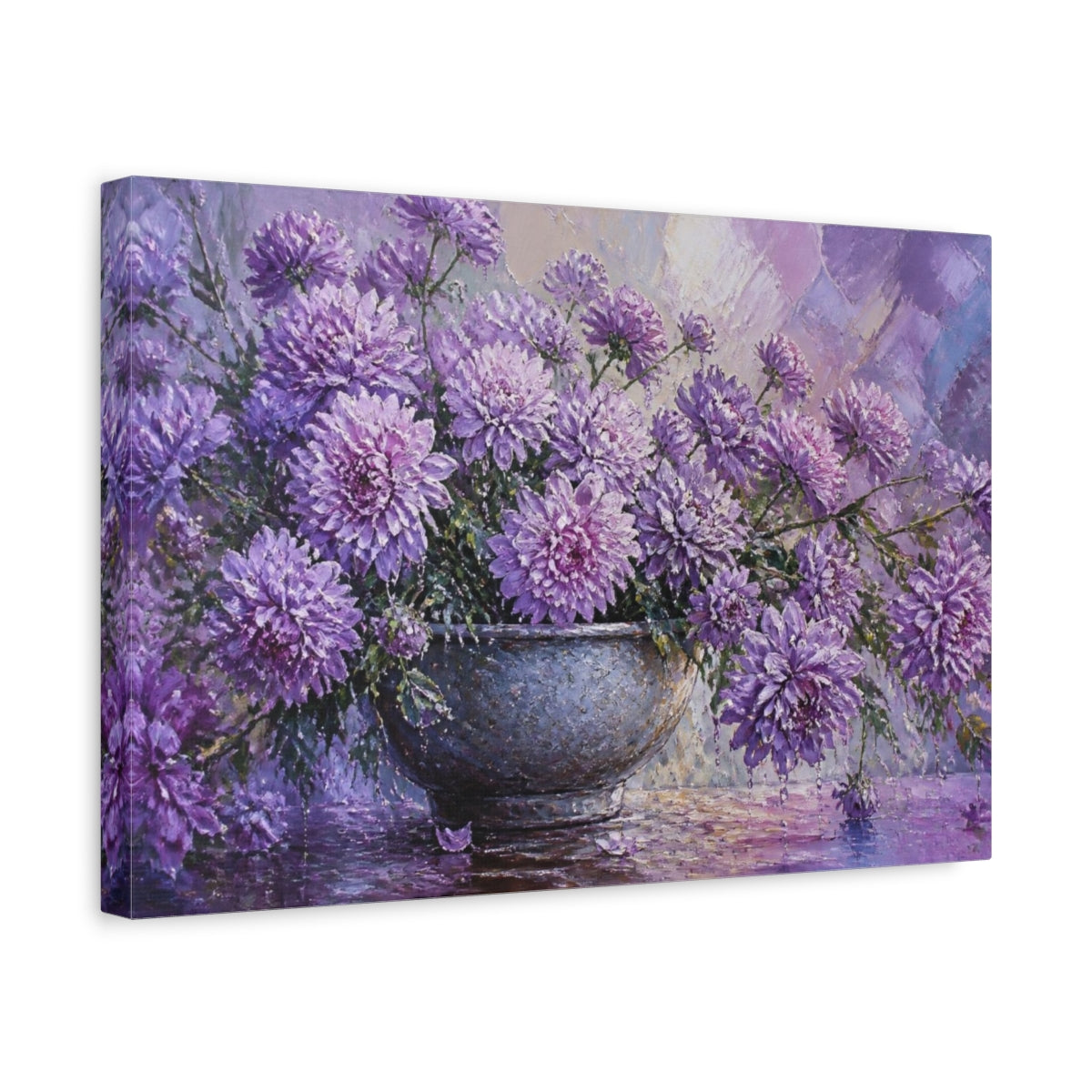 Side Mockup 4. Lavender Chrysanthemum Flowers shown as canvas print