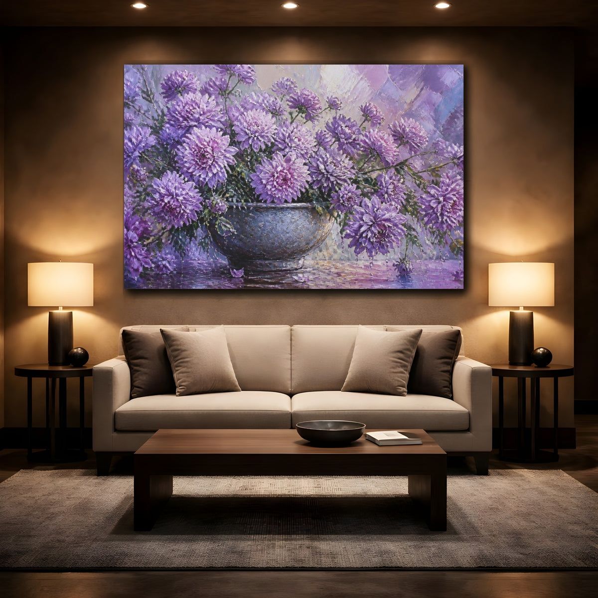 Mockup 2. Lavender Chrysanthemum Flowers shown as canvas print