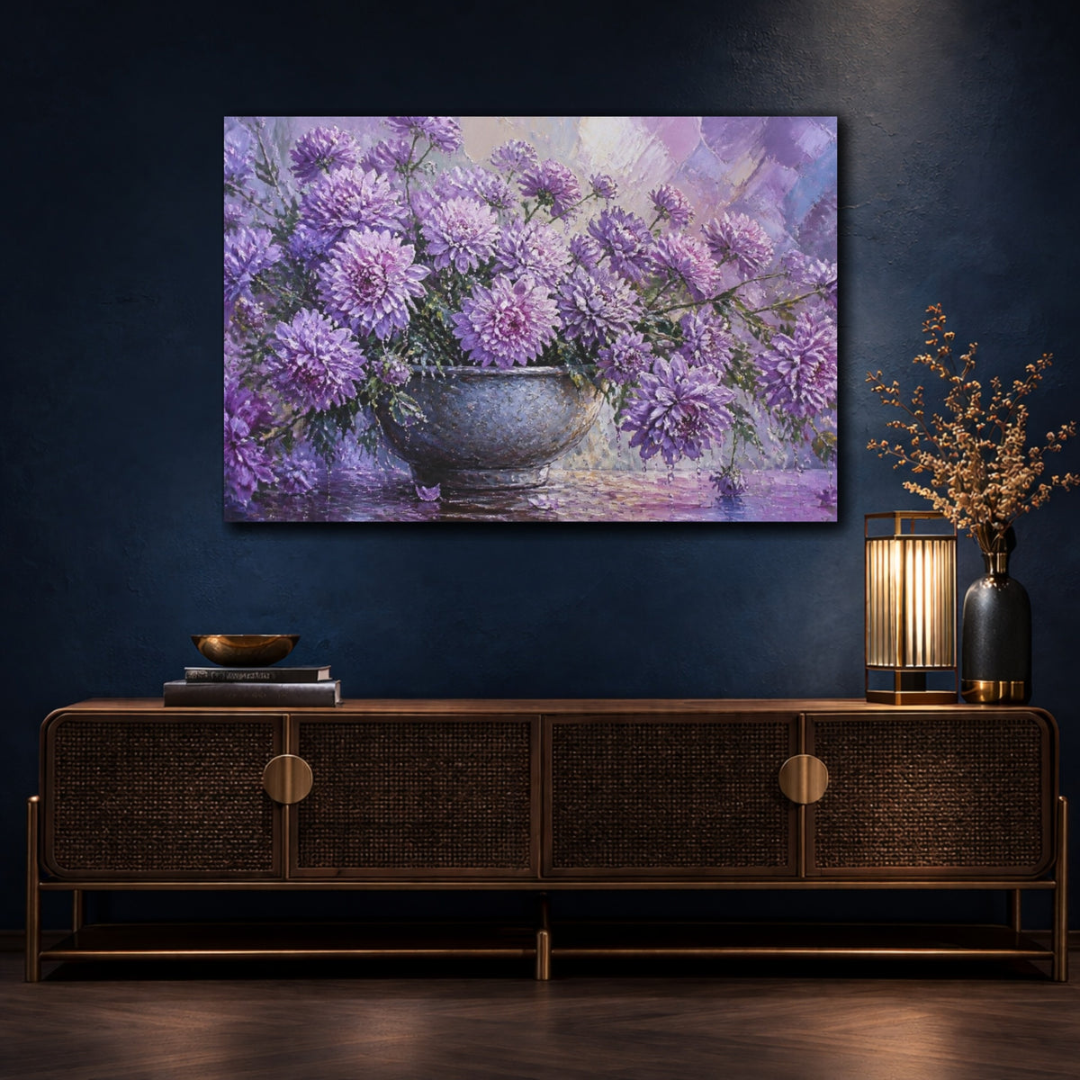 Mockup 4. Lavender Chrysanthemum Flowers shown as canvas print