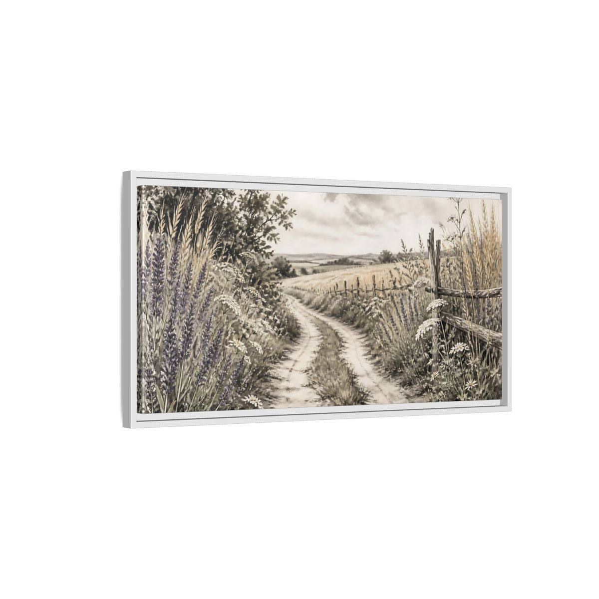 Side Mockup 1. Lavender Country Path shown as framed canvas print