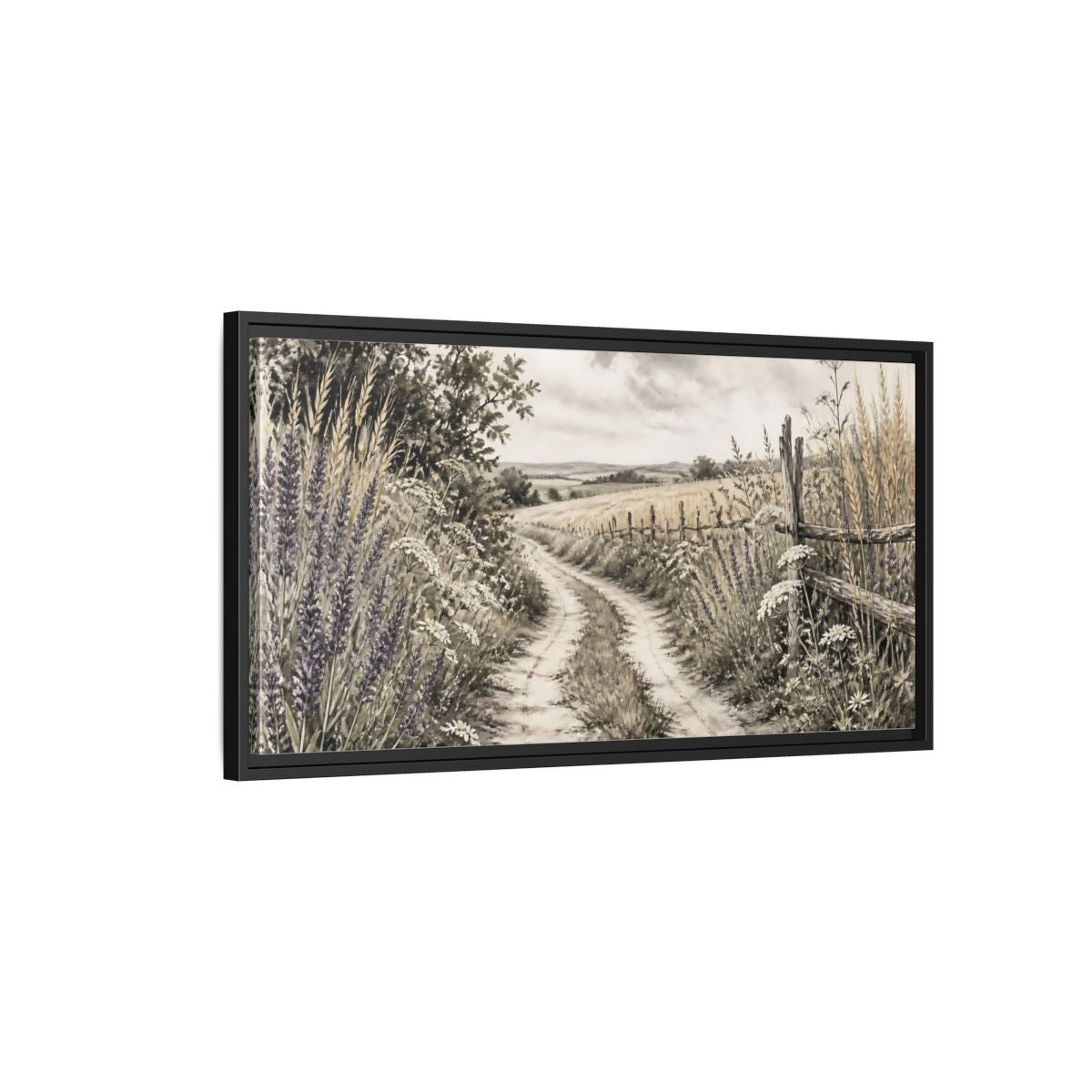 Side Mockup 2. Lavender Country Path shown as framed canvas print
