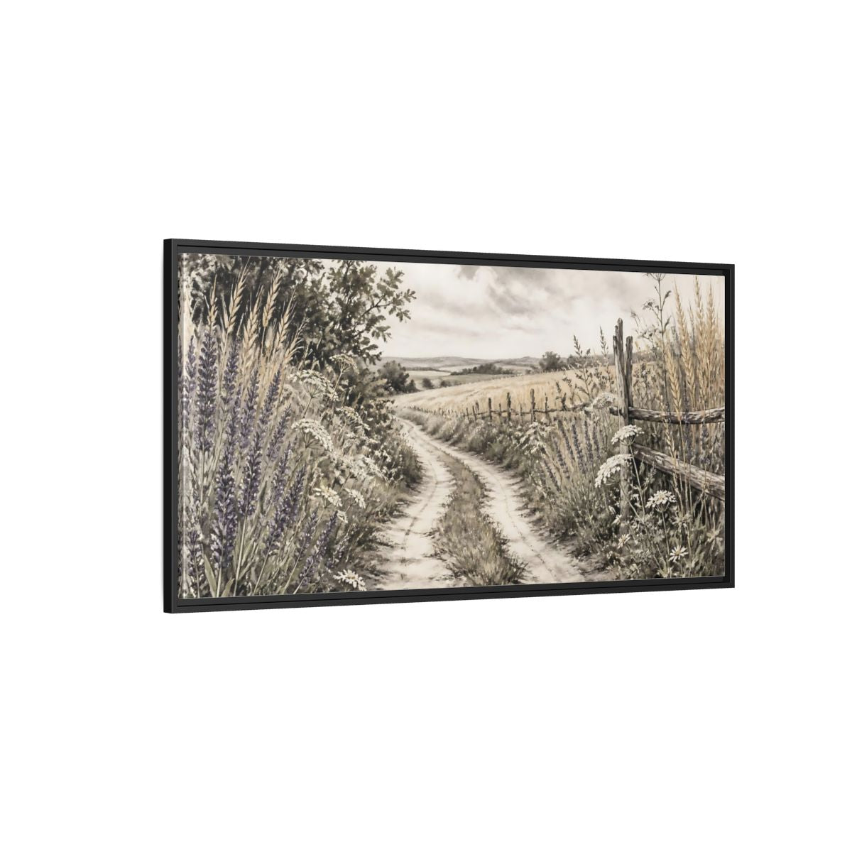 Side Mockup 5. Lavender Country Path shown as framed canvas print