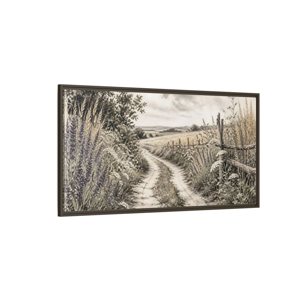 Side Mockup 4. Lavender Country Path shown as framed canvas print