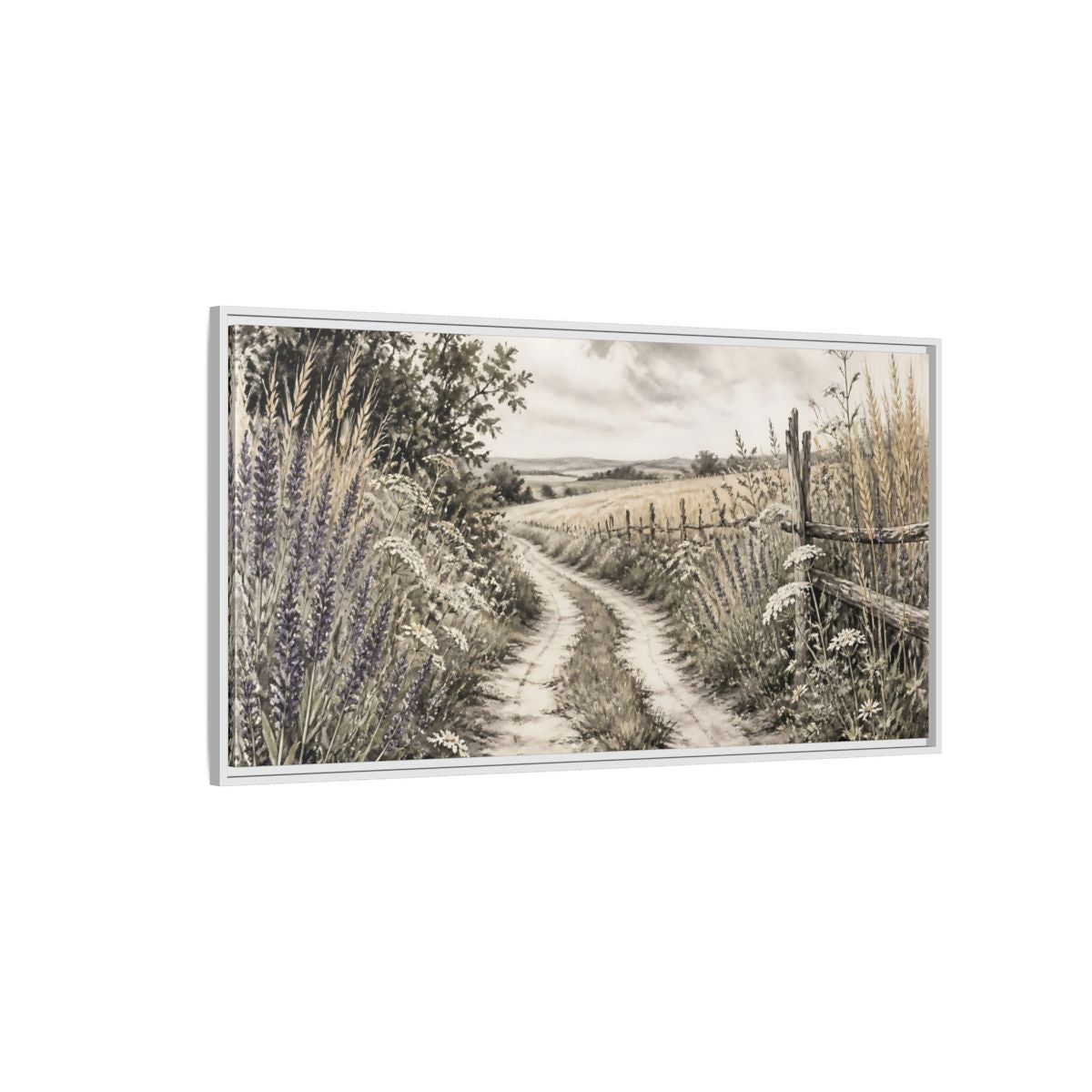 Side Mockup 3. Lavender Country Path shown as framed canvas print