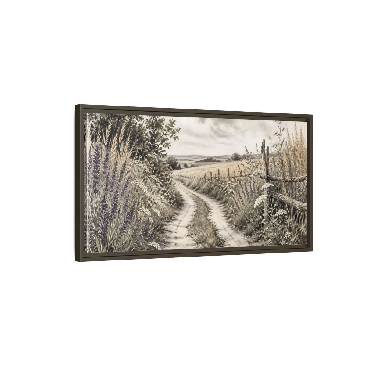 Main Mockup. Lavender Country Path shown as framed canvas print