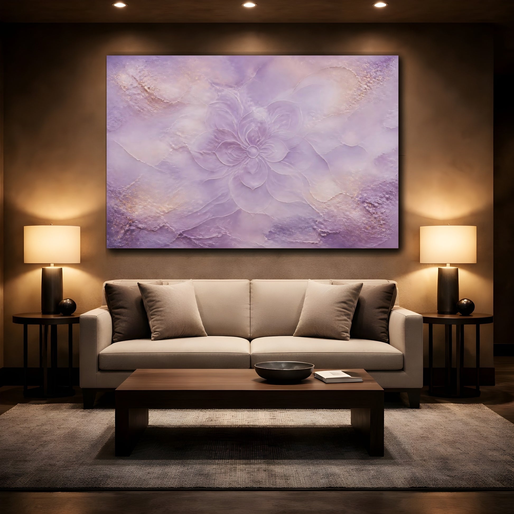 Mockup 2. Lavender Embossed Flower shown as canvas print
