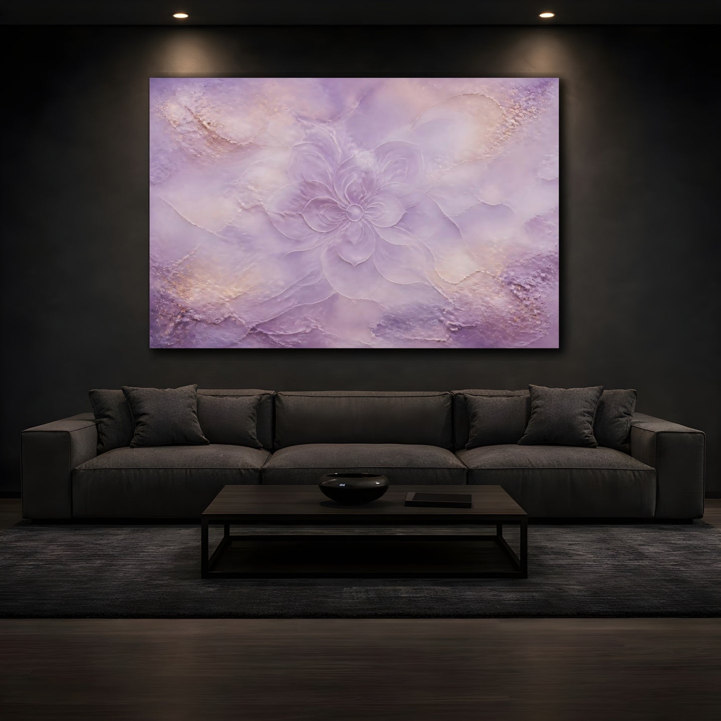 Mockup 3. Lavender Embossed Flower shown as canvas print