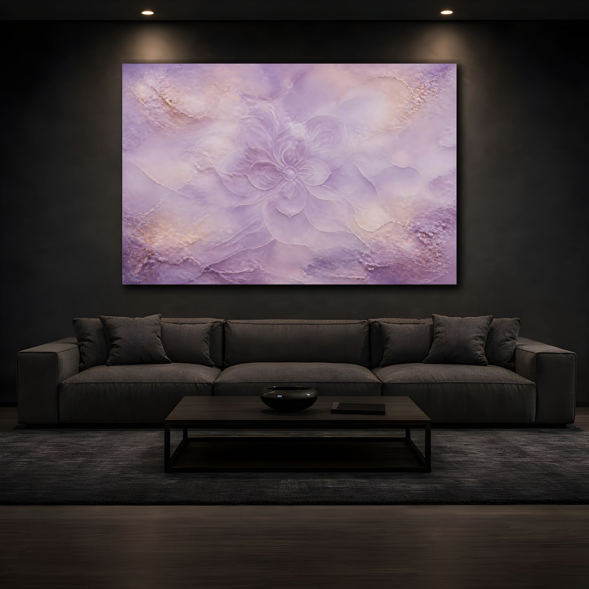 Mockup 3. Lavender Embossed Flower shown as canvas print