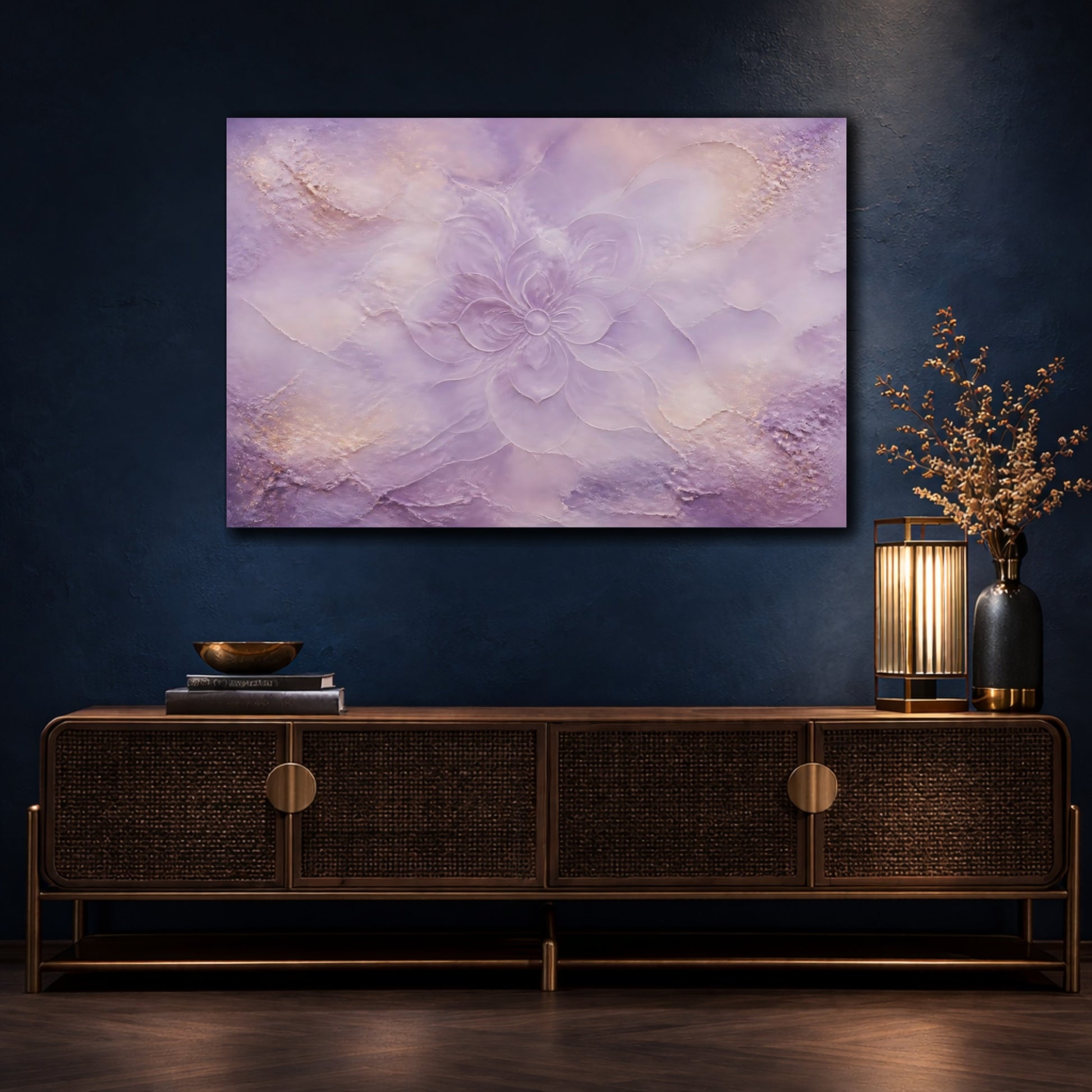 Mockup 4. Lavender Embossed Flower shown as canvas print