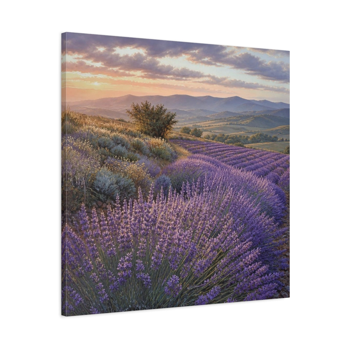 Side Mockup 3. Lavender Fields At Sunset shown as canvas print