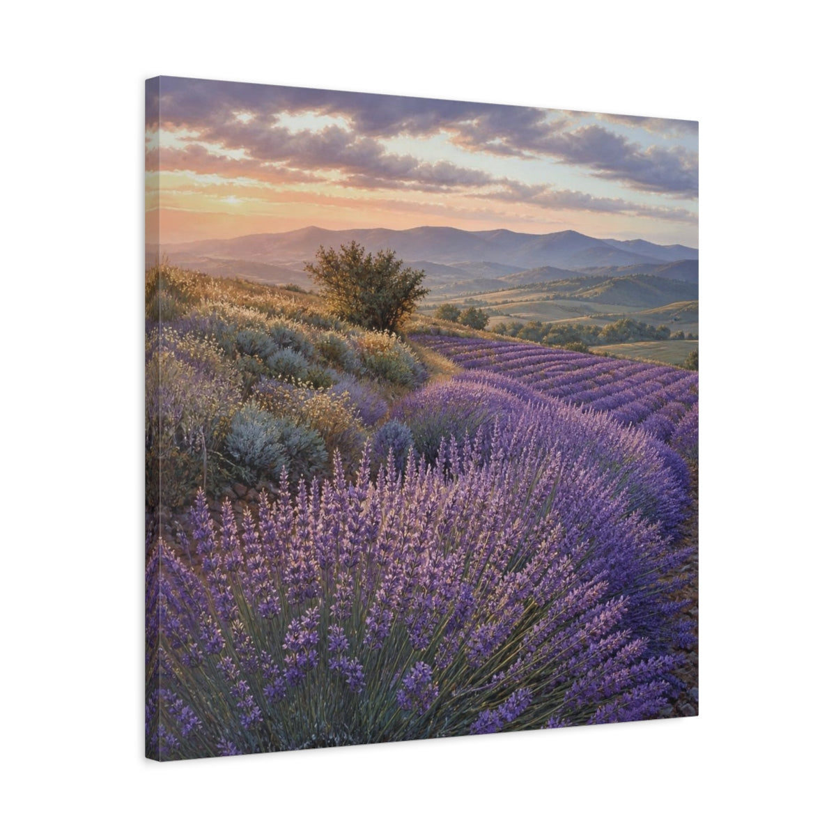 Side Mockup 4. Lavender Fields At Sunset shown as canvas print