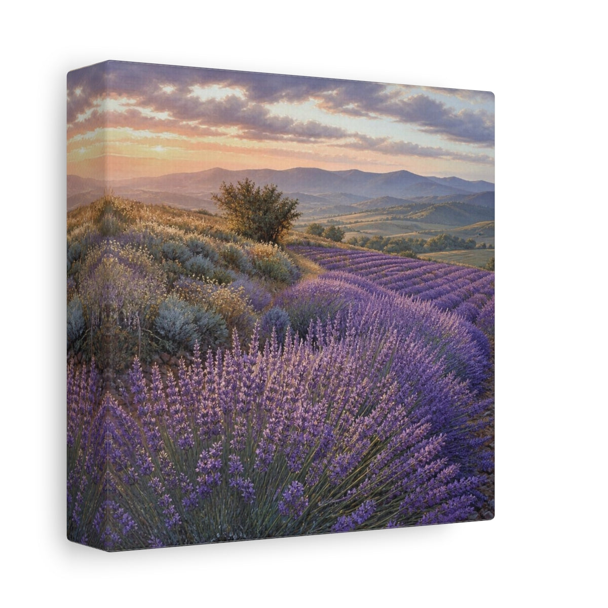 Side Mockup 2. Lavender Fields At Sunset shown as canvas print