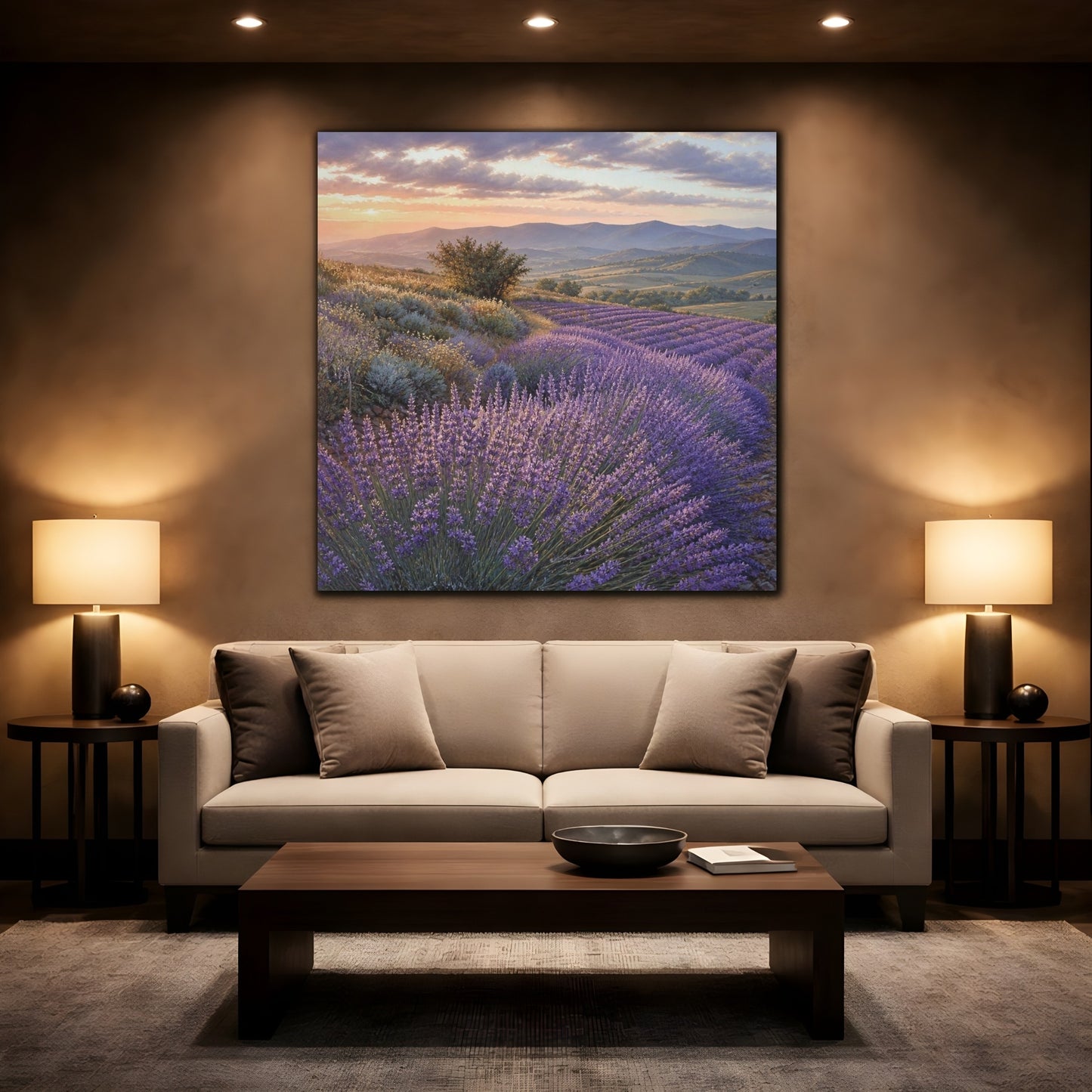 Mockup 2. Lavender Fields At Sunset shown as canvas print