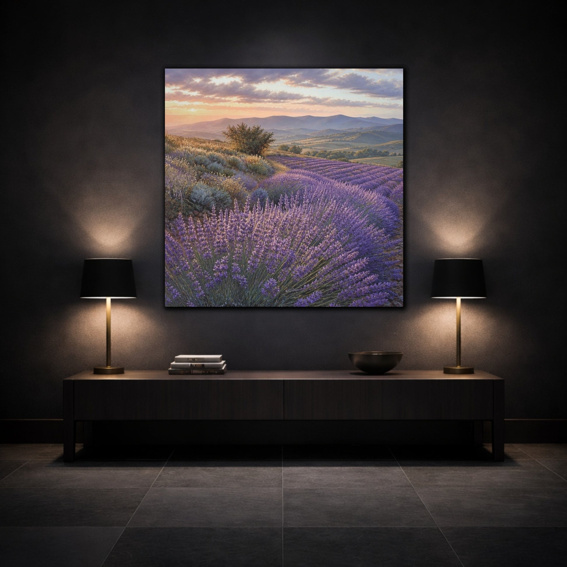 Mockup 3. Lavender Fields At Sunset shown as canvas print