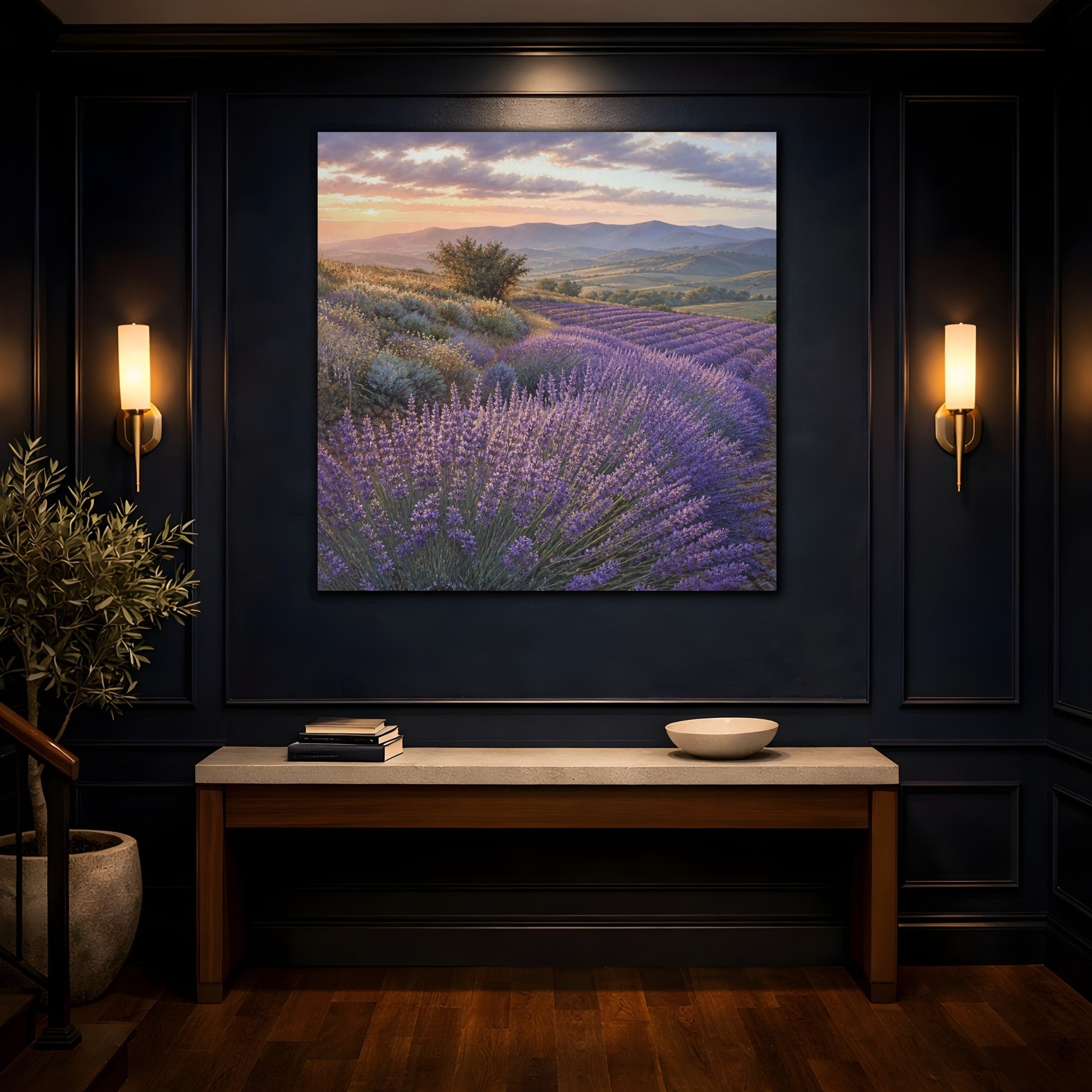 Mockup 4. Lavender Fields At Sunset shown as canvas print