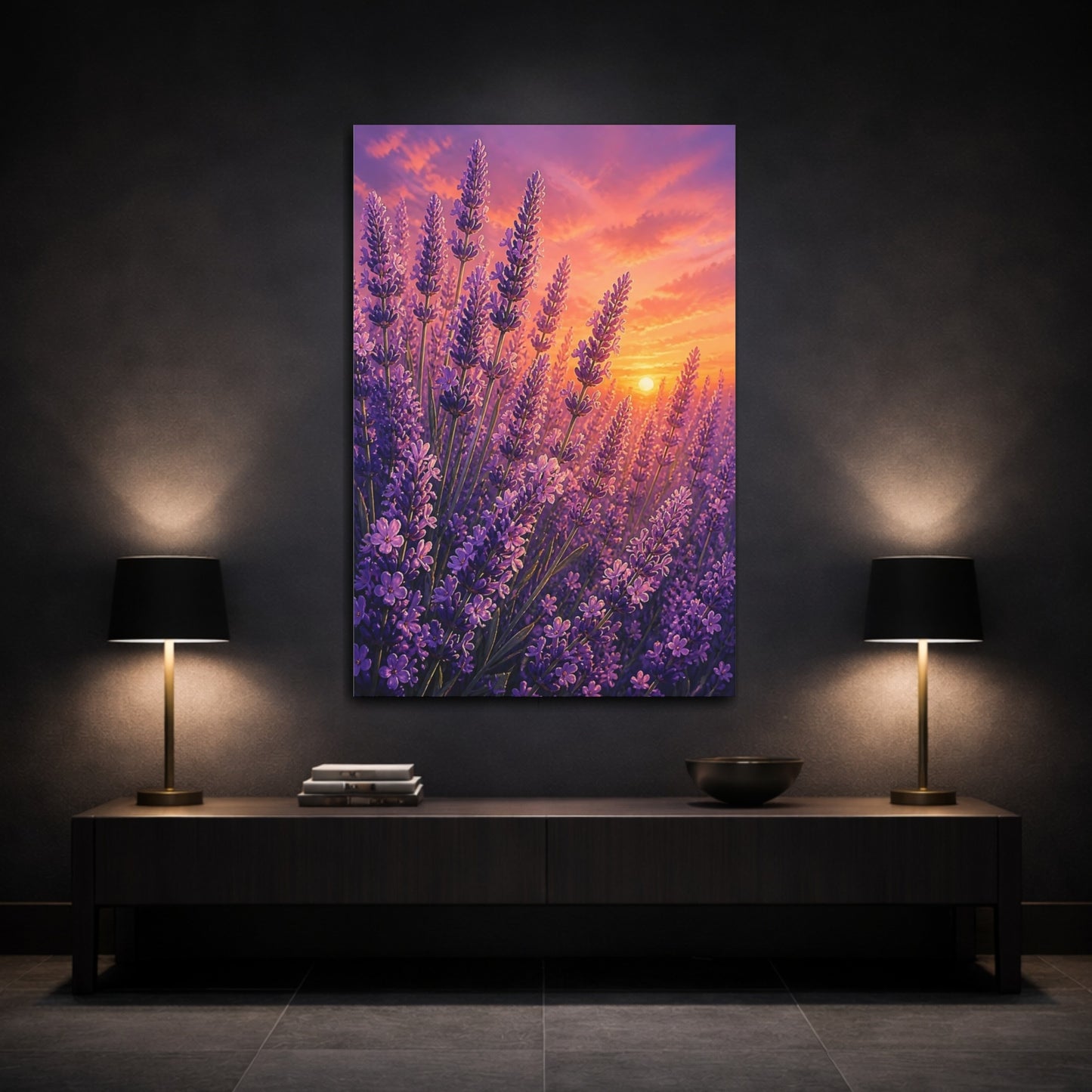 Mockup 3. Lavender Flowers At Sunset shown as canvas print