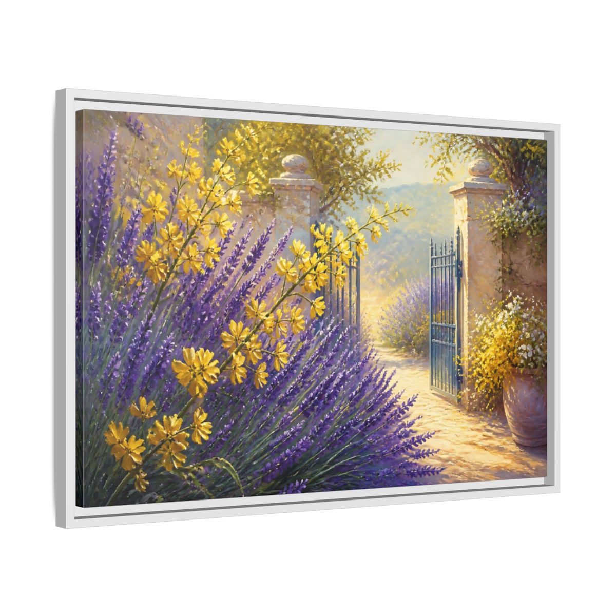 Side Mockup 10. Lavender Flowers Garden Gate shown as framed canvas print