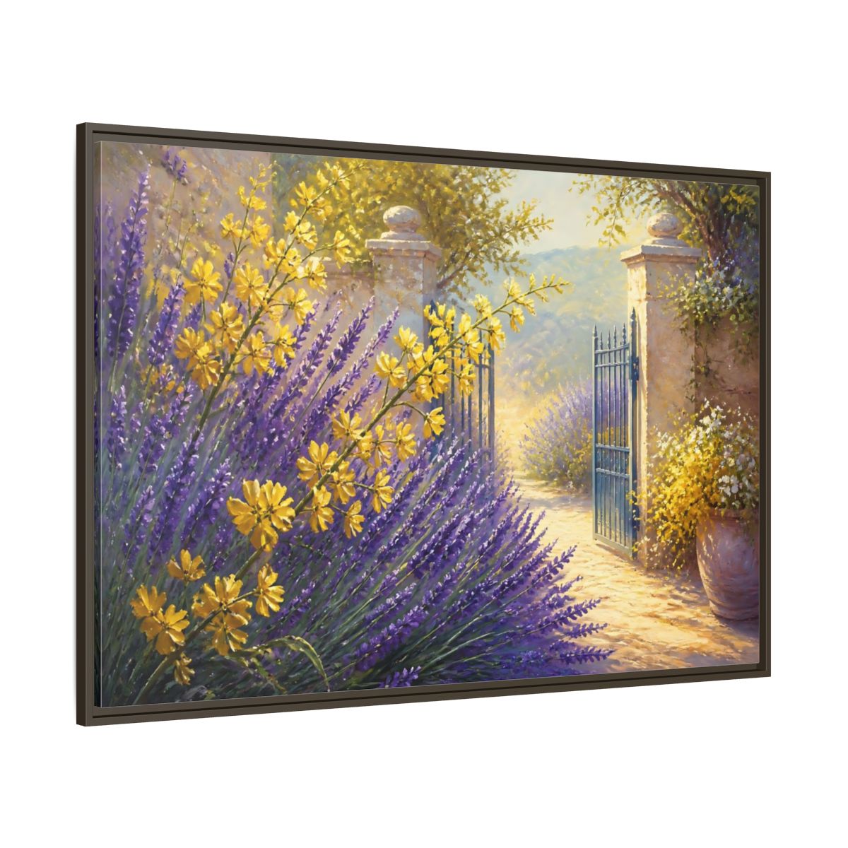 Side Mockup 8. Lavender Flowers Garden Gate shown as framed canvas print