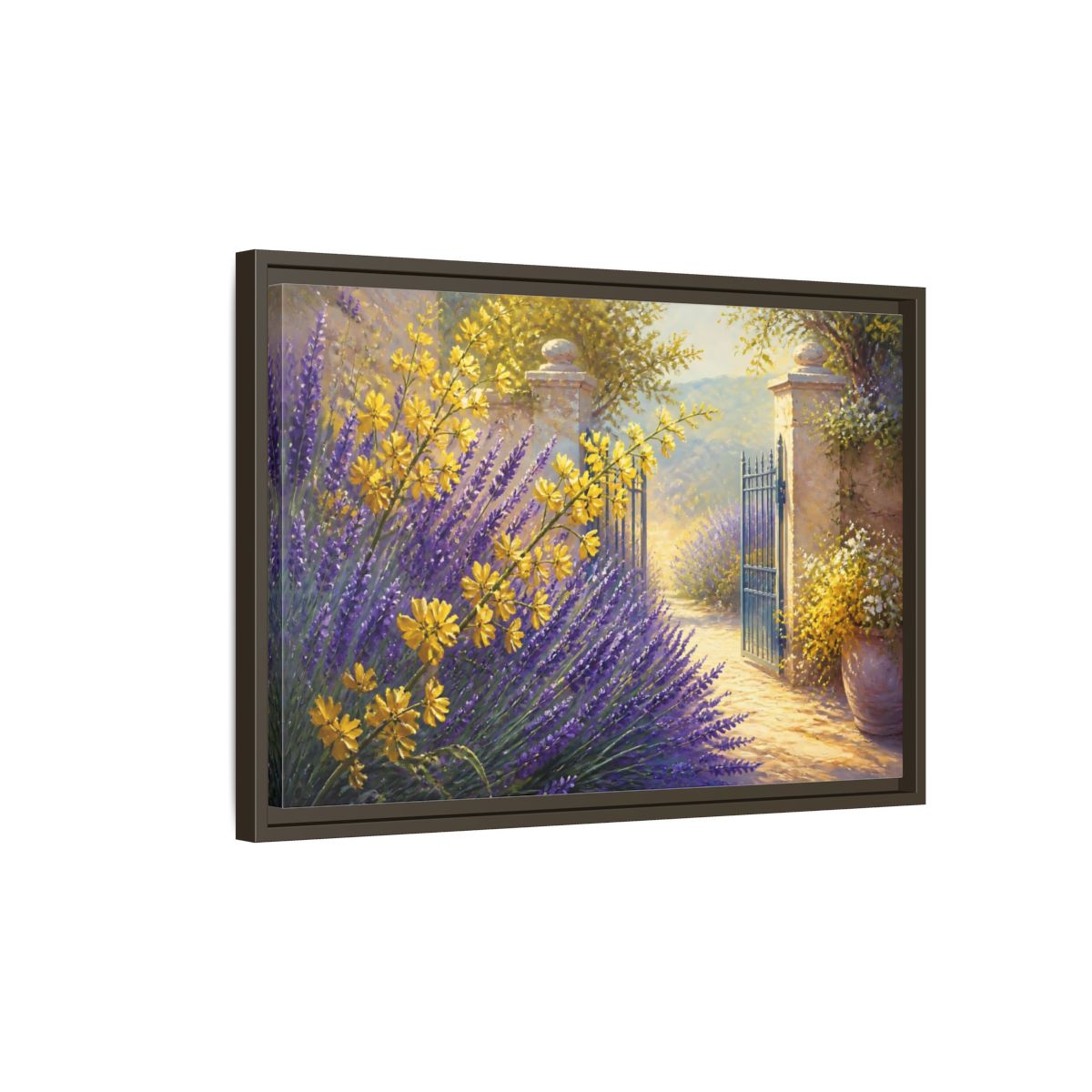 Side Mockup 2. Lavender Flowers Garden Gate shown as framed canvas print