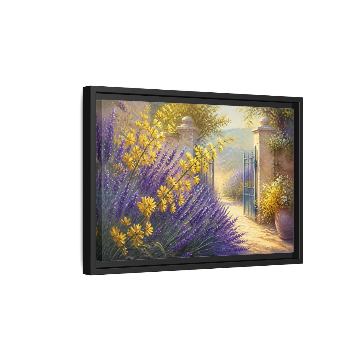 Side Mockup 6. Lavender Flowers Garden Gate shown as framed canvas print