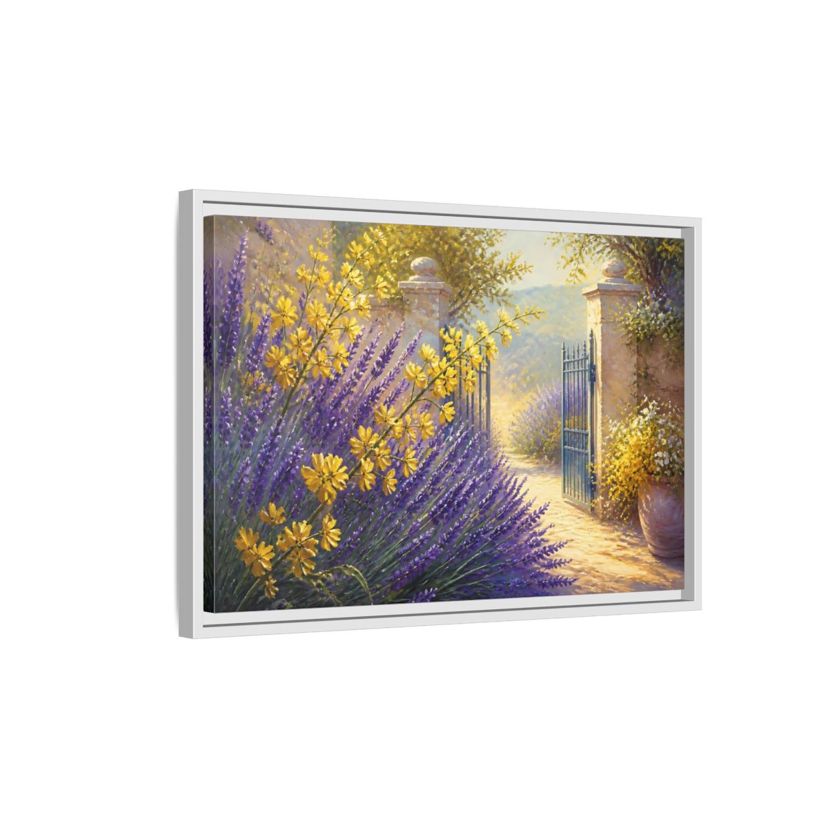 Side Mockup 1. Lavender Flowers Garden Gate shown as framed canvas print