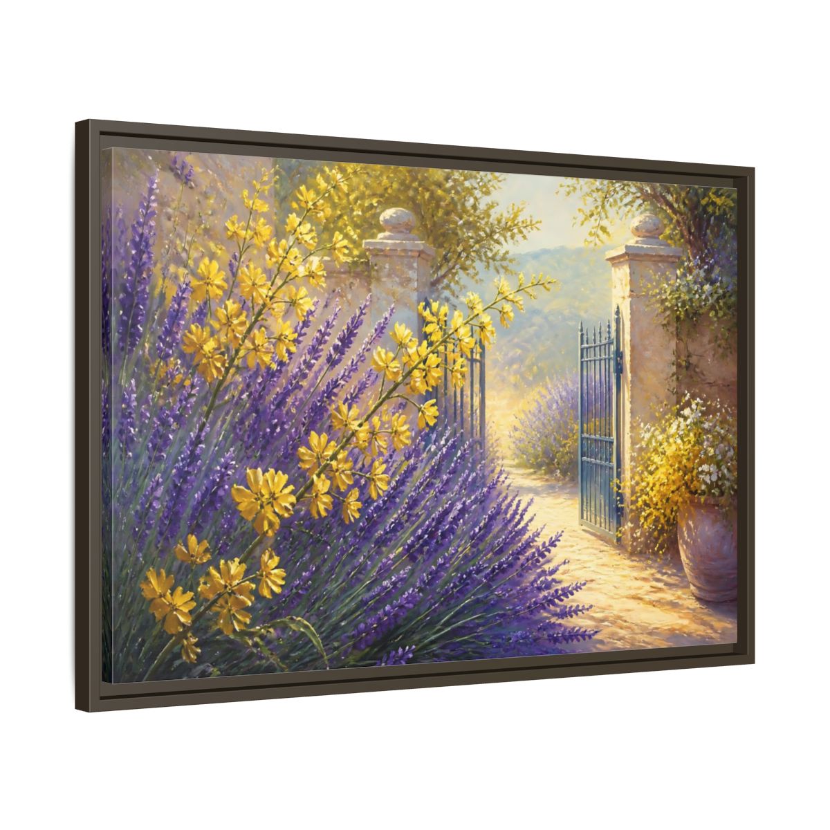 Side Mockup 11. Lavender Flowers Garden Gate shown as framed canvas print