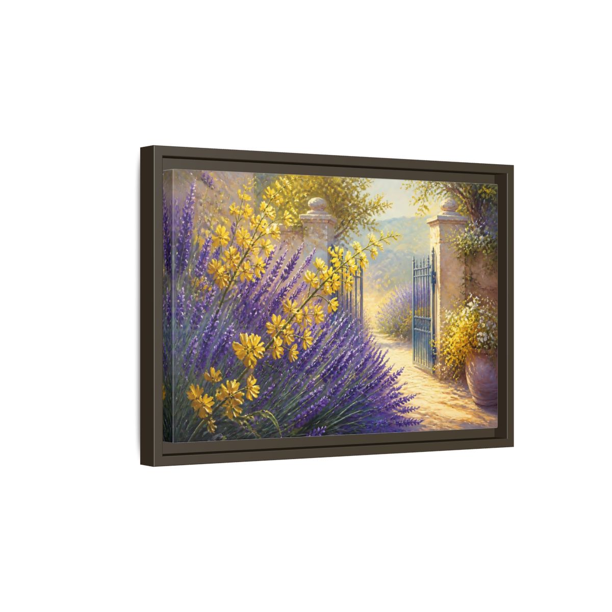 Side Mockup 5. Lavender Flowers Garden Gate shown as framed canvas print