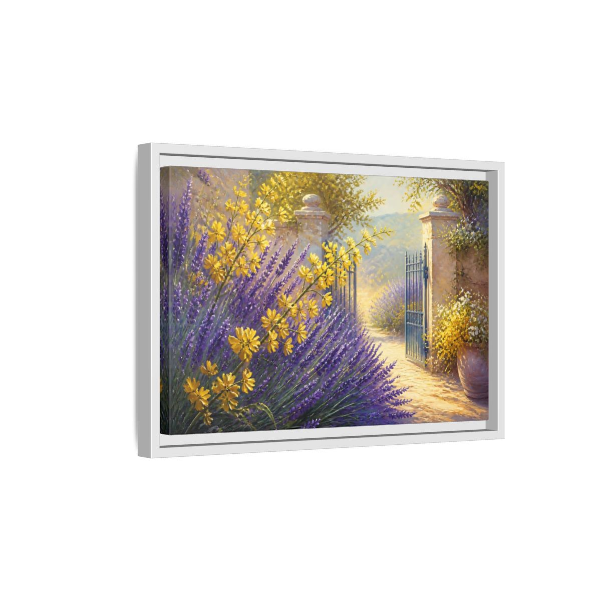 Side Mockup 4. Lavender Flowers Garden Gate shown as framed canvas print
