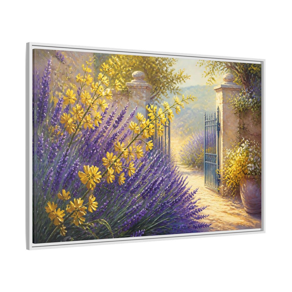 Side Mockup 7. Lavender Flowers Garden Gate shown as framed canvas print