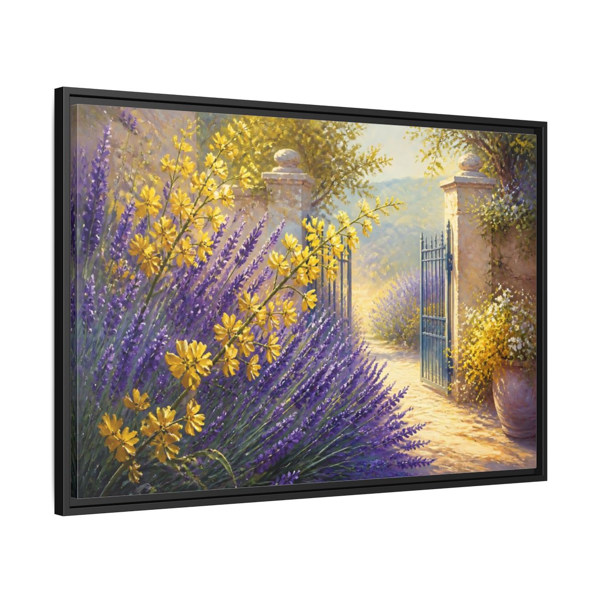 Side Mockup 13. Lavender Flowers Garden Gate shown as framed canvas print