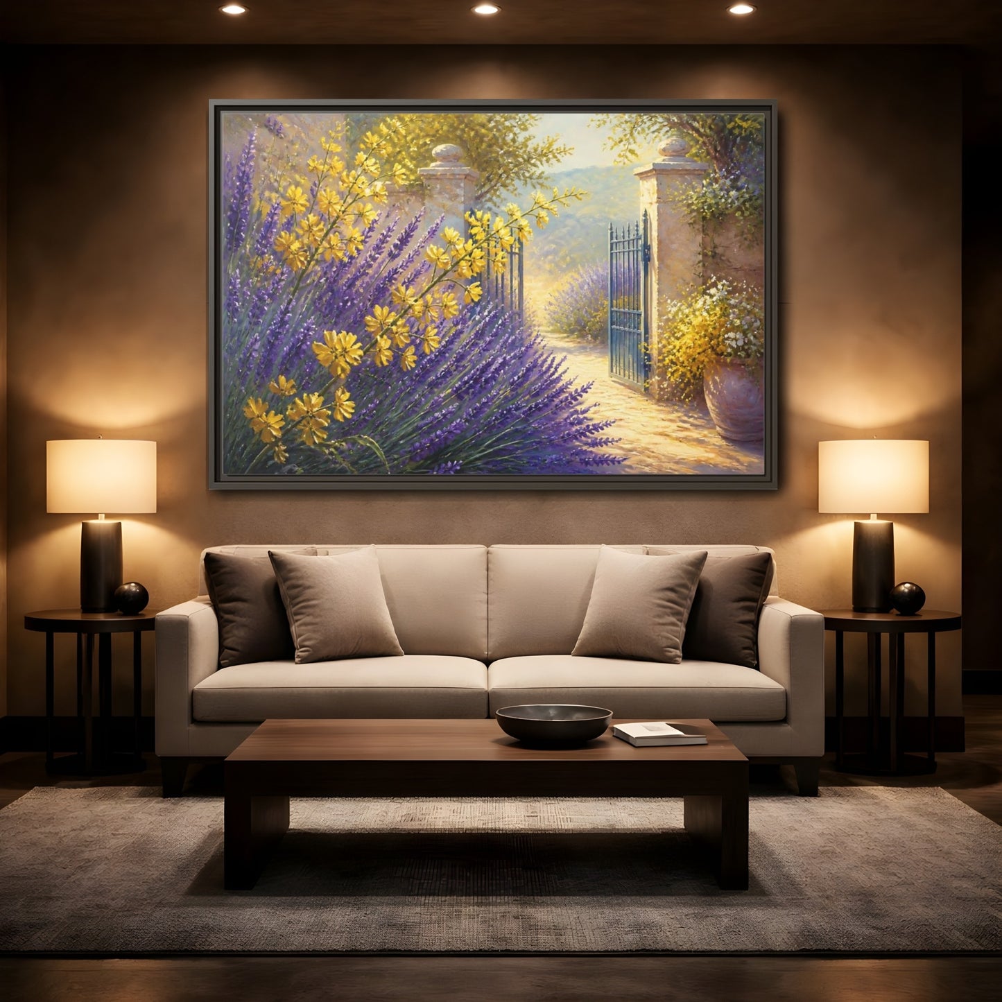 Mockup 2. Lavender Flowers Garden Gate shown as framed canvas print