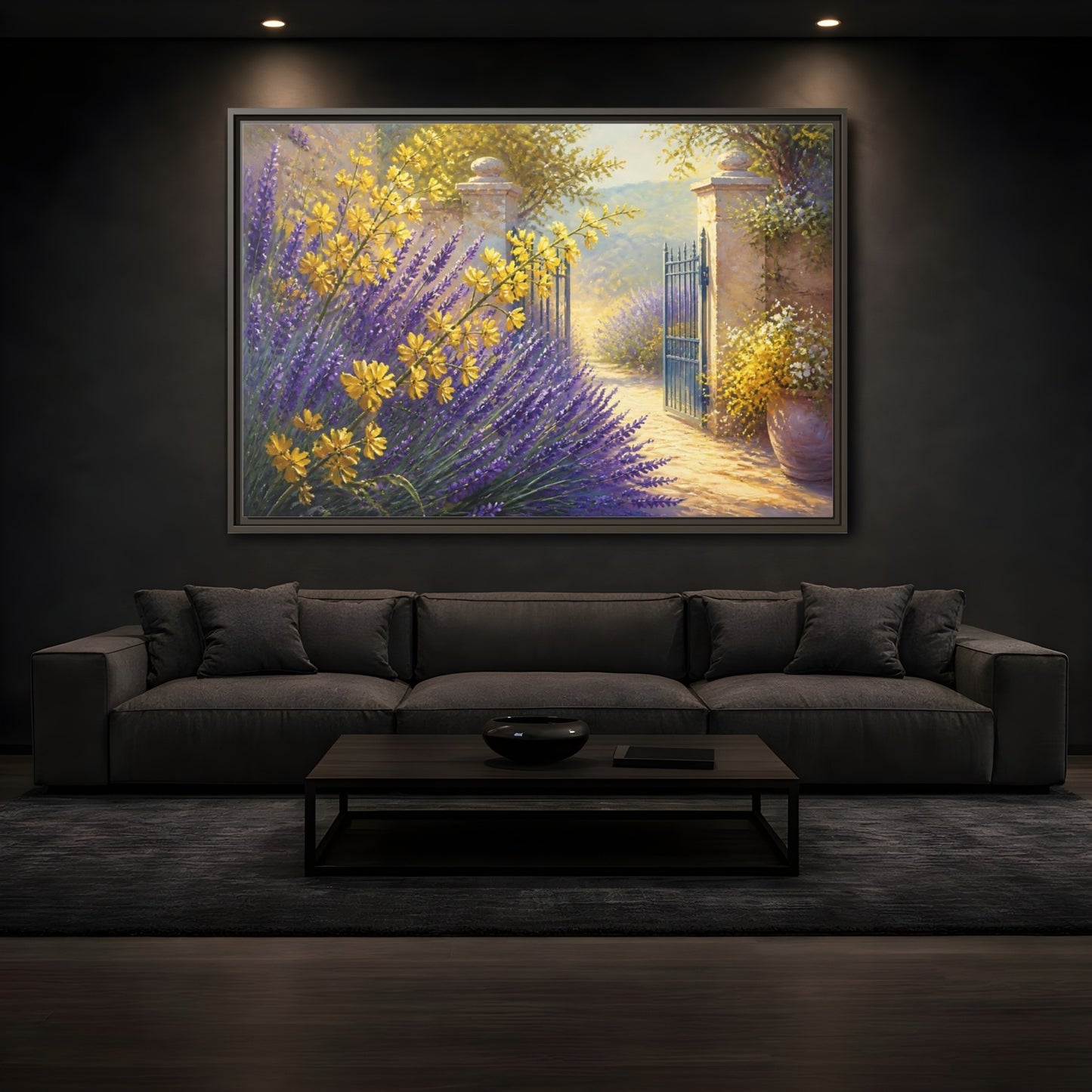 Mockup 3. Lavender Flowers Garden Gate shown as framed canvas print