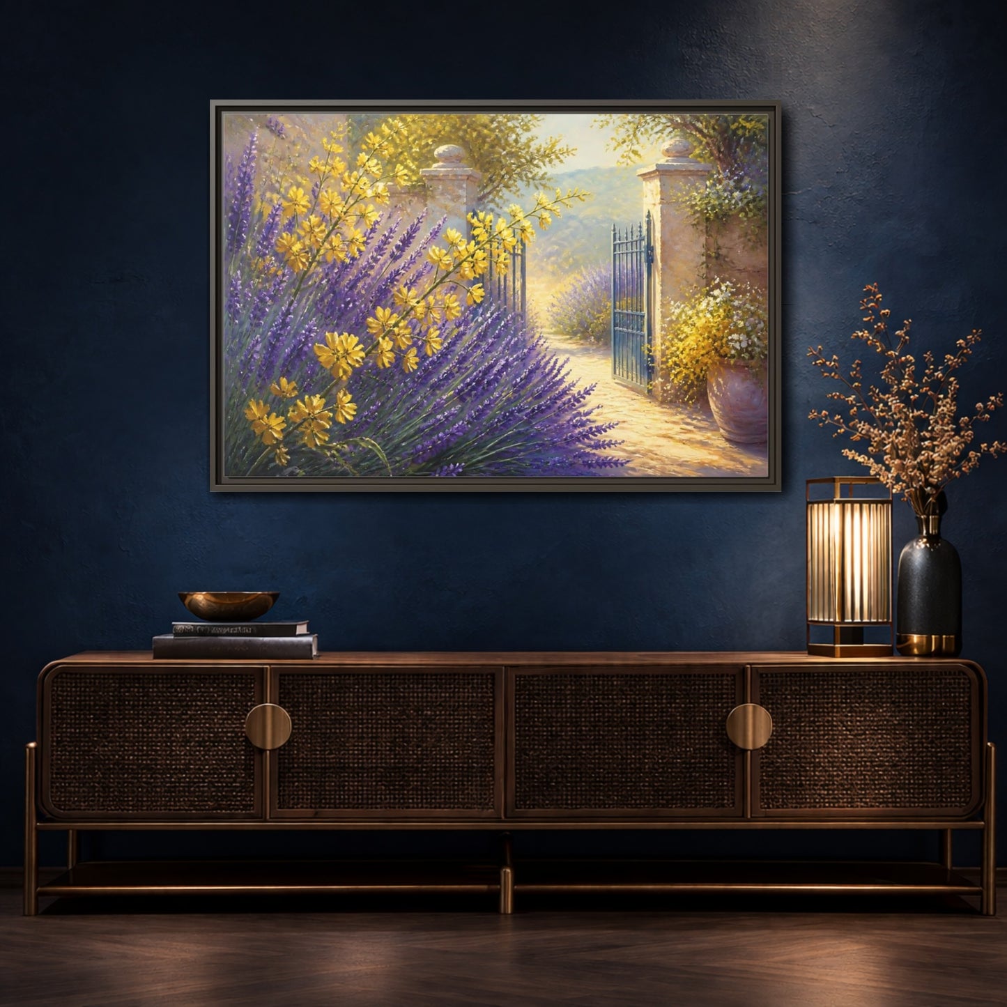 Mockup 4. Lavender Flowers Garden Gate shown as framed canvas print