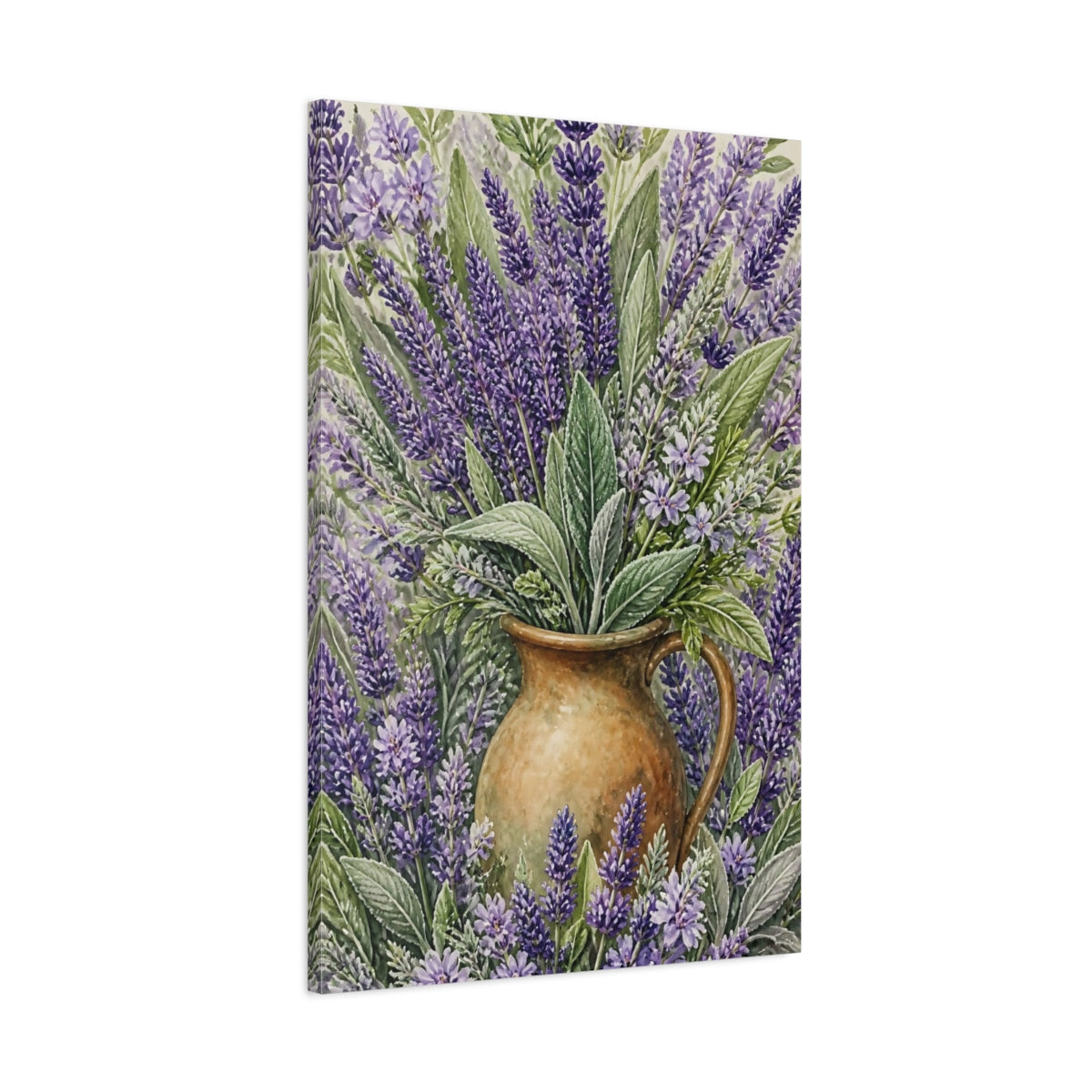 Main Mockup. Lavender Flowers In Pitcher shown as canvas print
