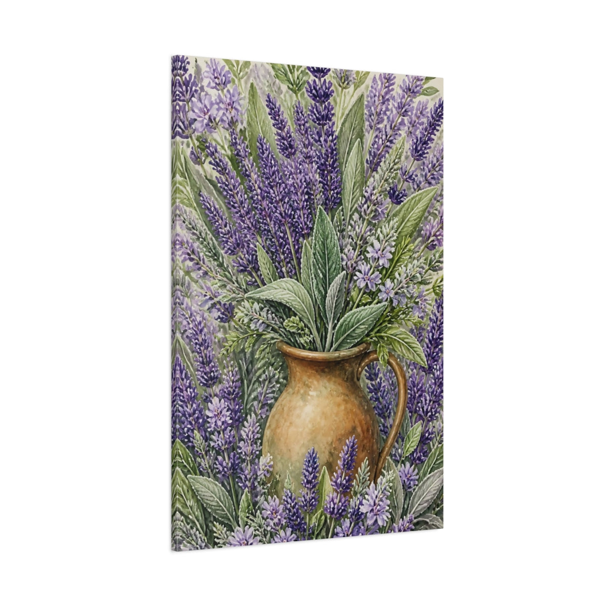 Side Mockup 1. Lavender Flowers In Pitcher shown as canvas print