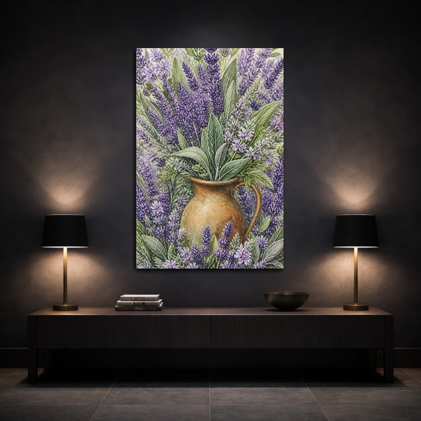 Mockup 3. Lavender Flowers In Pitcher shown as canvas print