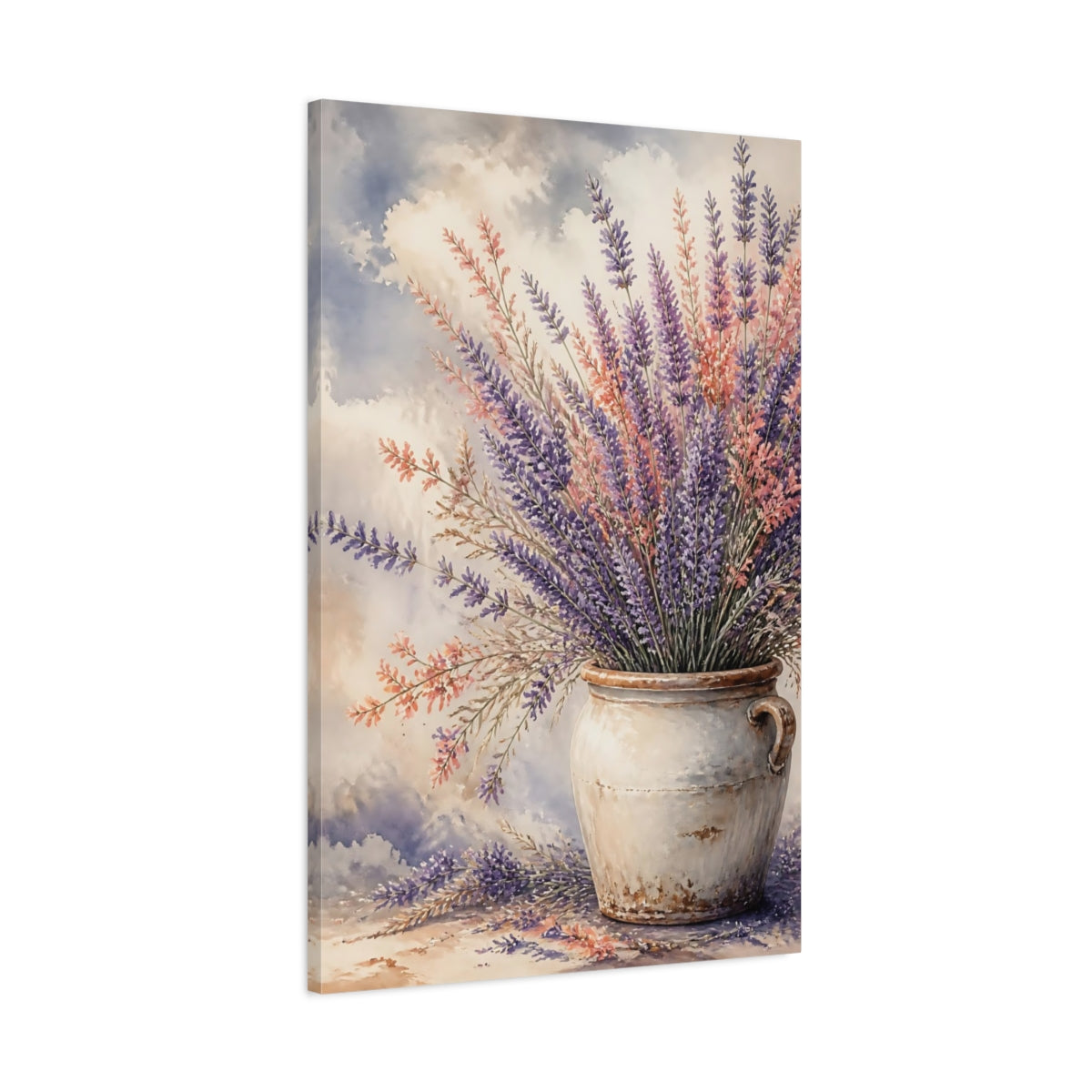 Main Mockup. Lavender Flowers In Rustic Crock shown as canvas print