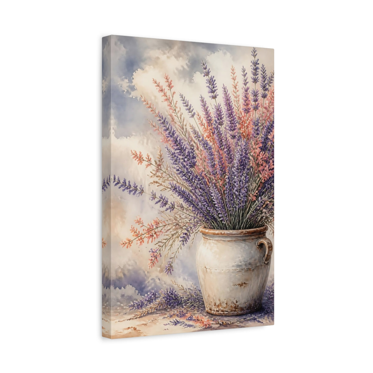 Side Mockup 4. Lavender Flowers In Rustic Crock shown as canvas print