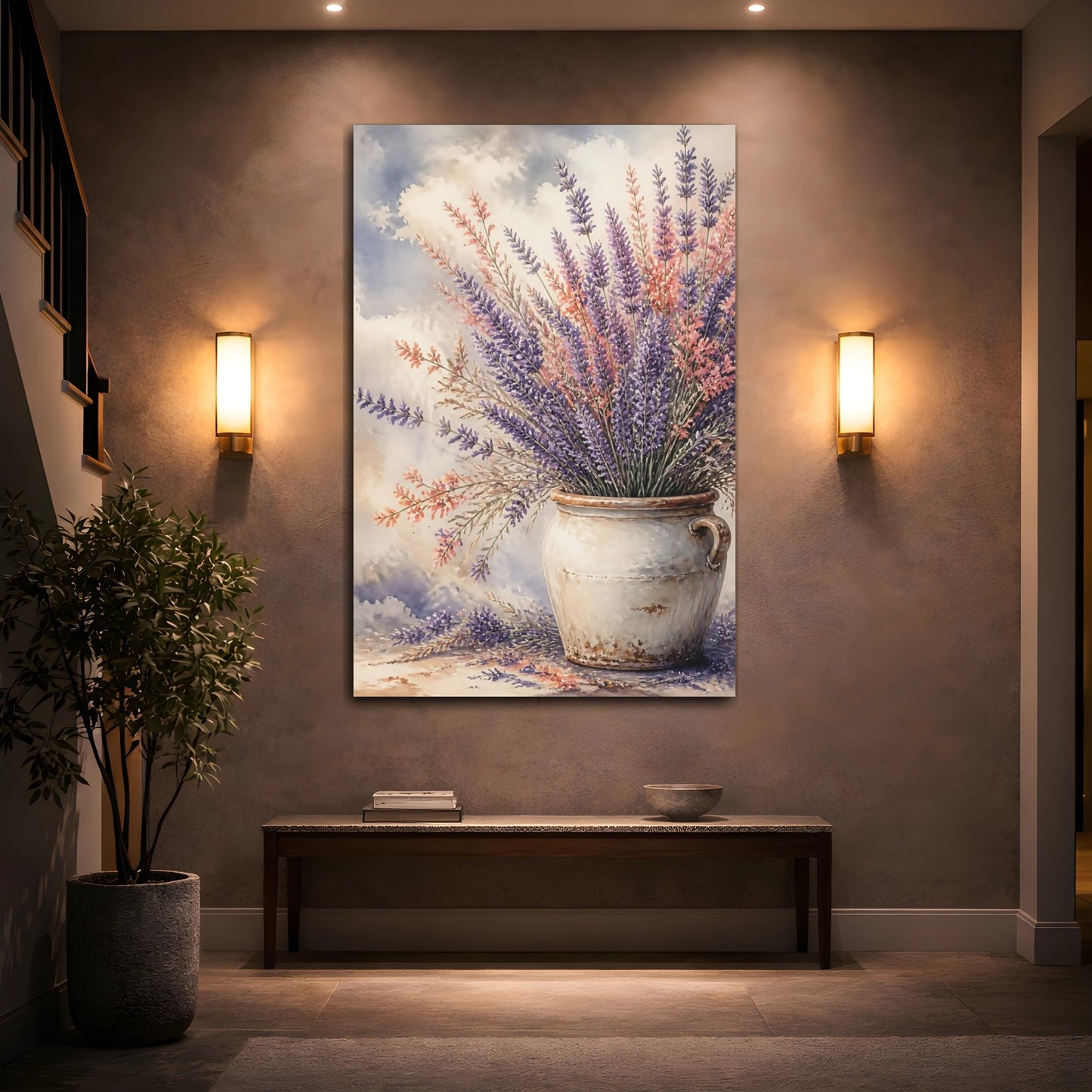 Mockup 2. Lavender Flowers In Rustic Crock shown as canvas print