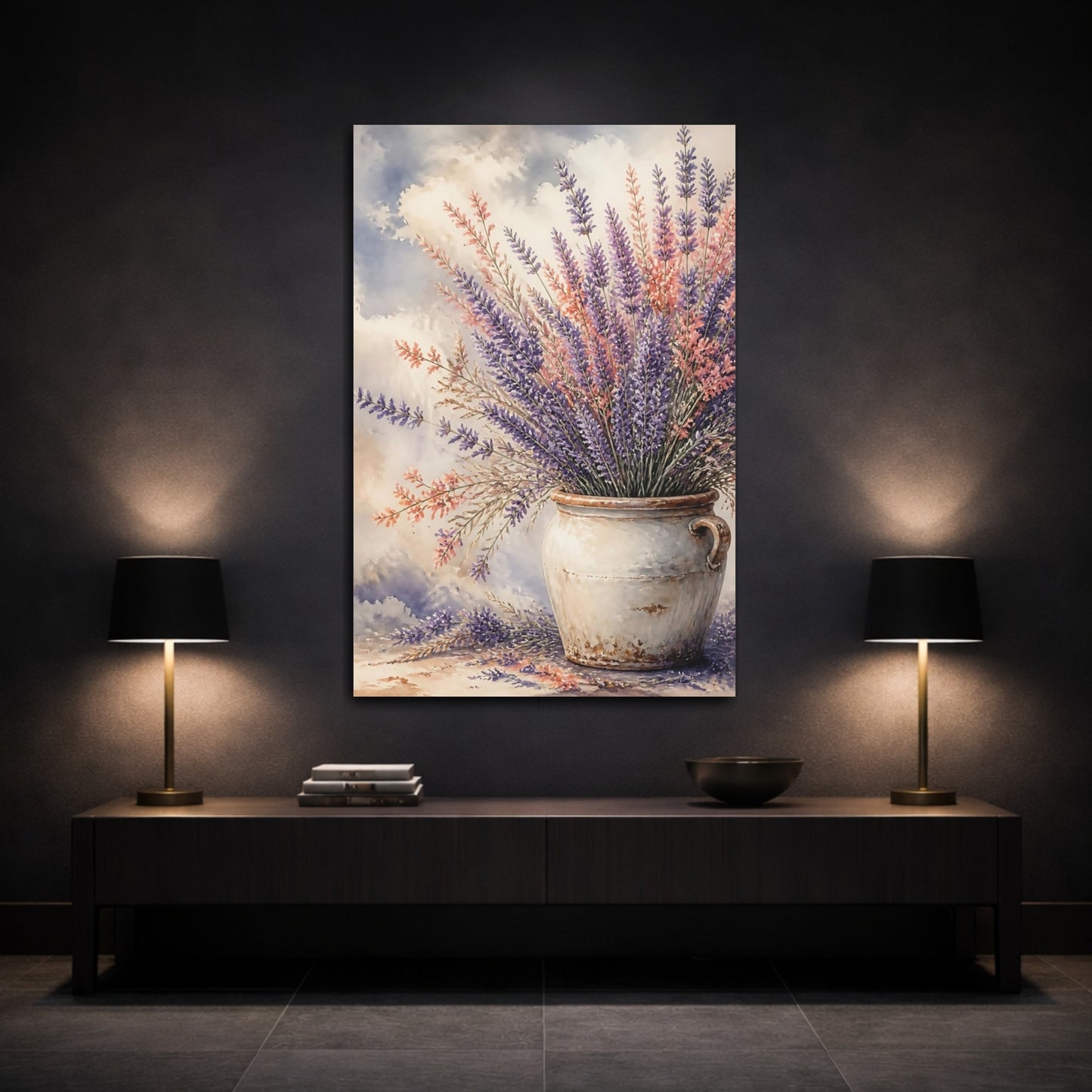 Mockup 3. Lavender Flowers In Rustic Crock shown as canvas print