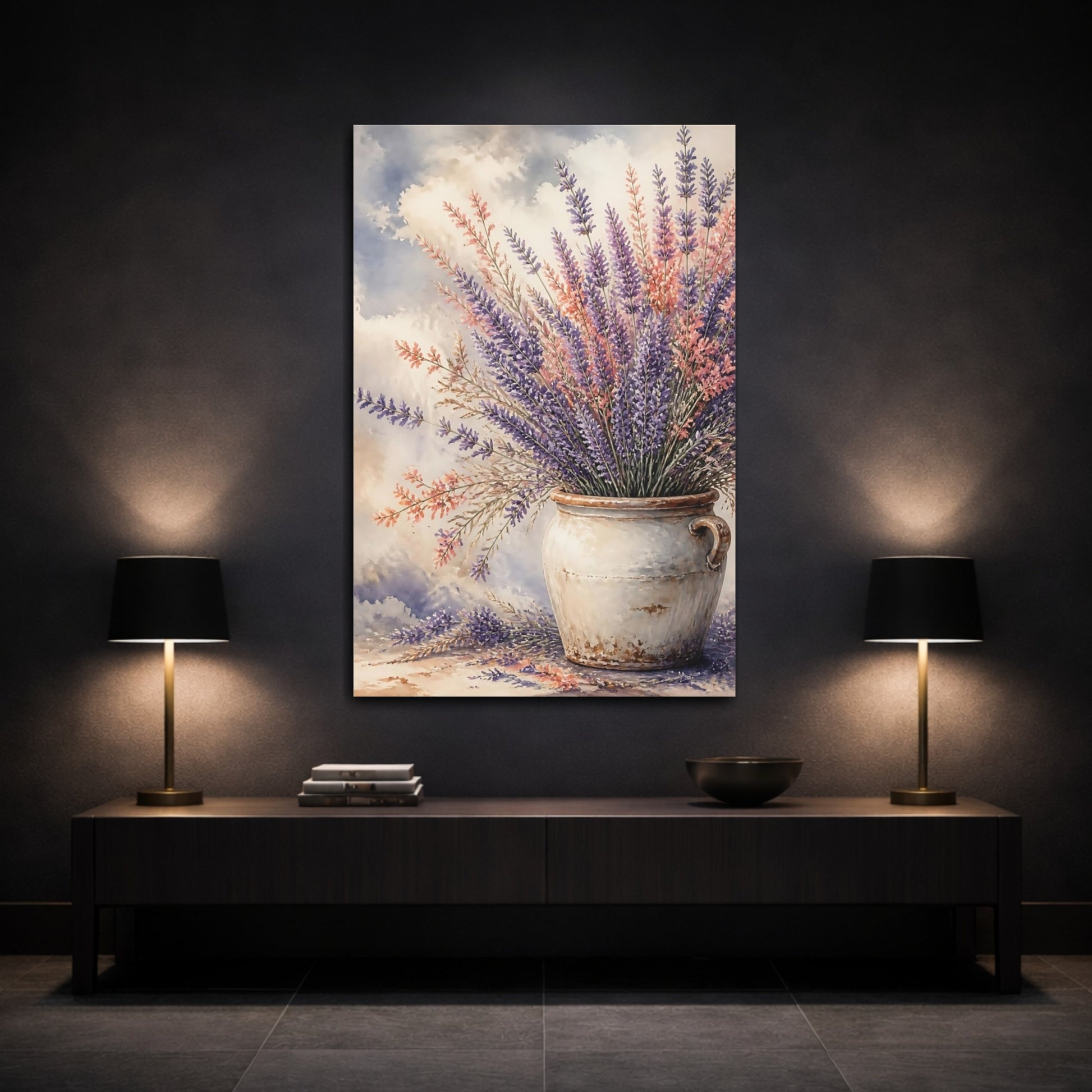 Mockup 3. Lavender Flowers In Rustic Crock shown as canvas print