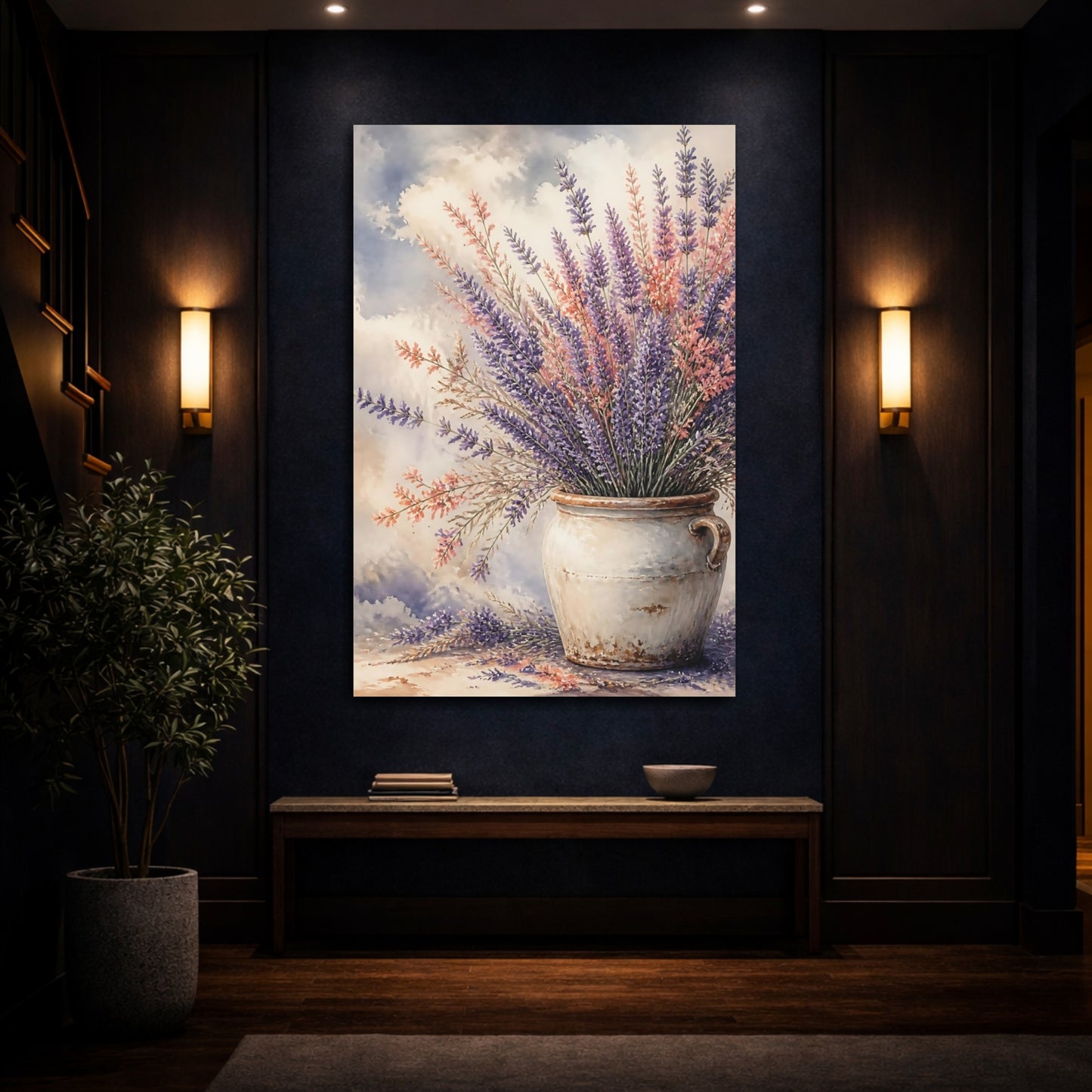 Mockup 4. Lavender Flowers In Rustic Crock shown as canvas print