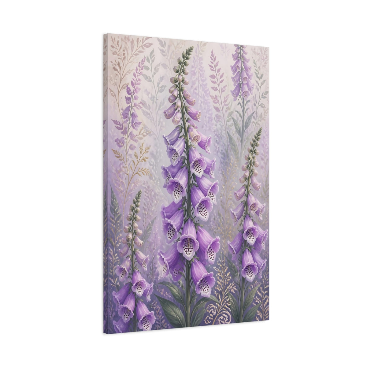 Main Mockup. Lavender Foxglove Flowers shown as canvas print