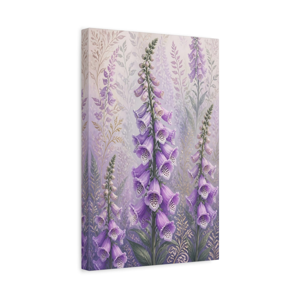 Side Mockup 4. Lavender Foxglove Flowers shown as canvas print